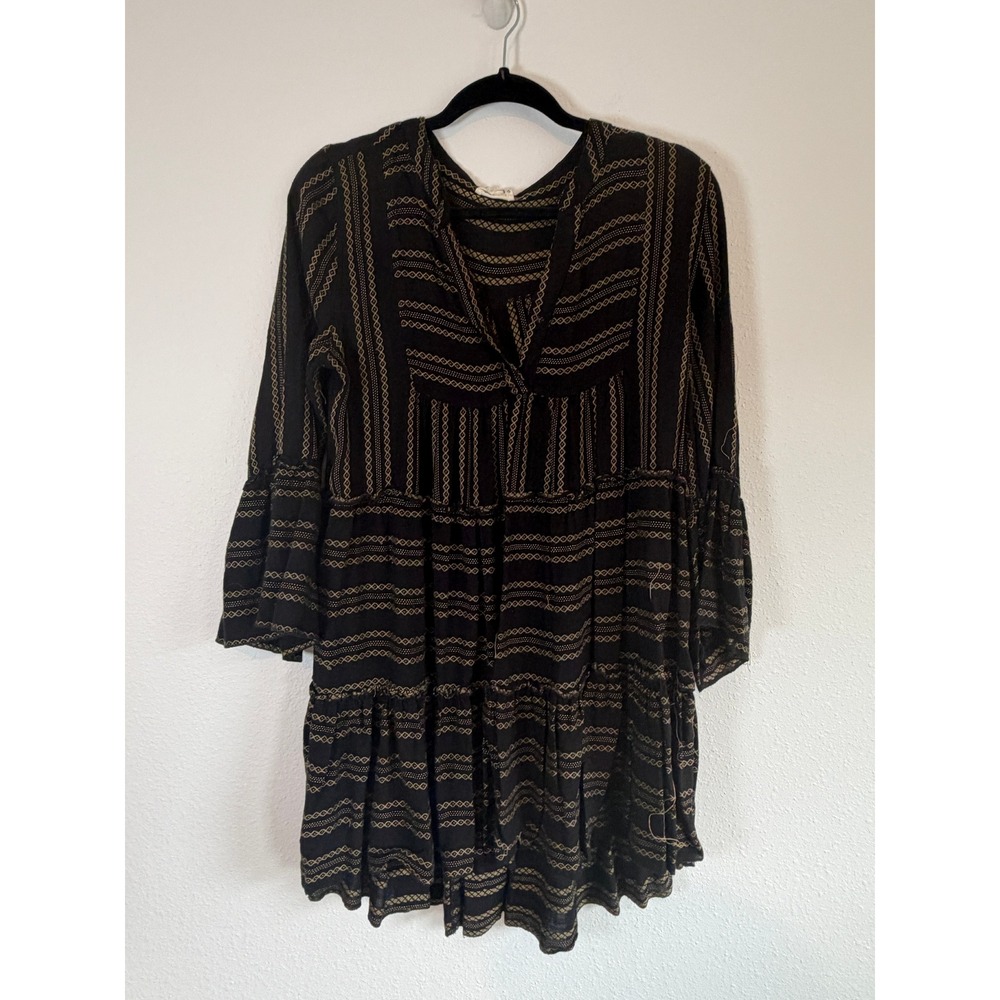 Elan Black Gold Embroidered Boho Tiered Mini Dress Bell Sleeve Small